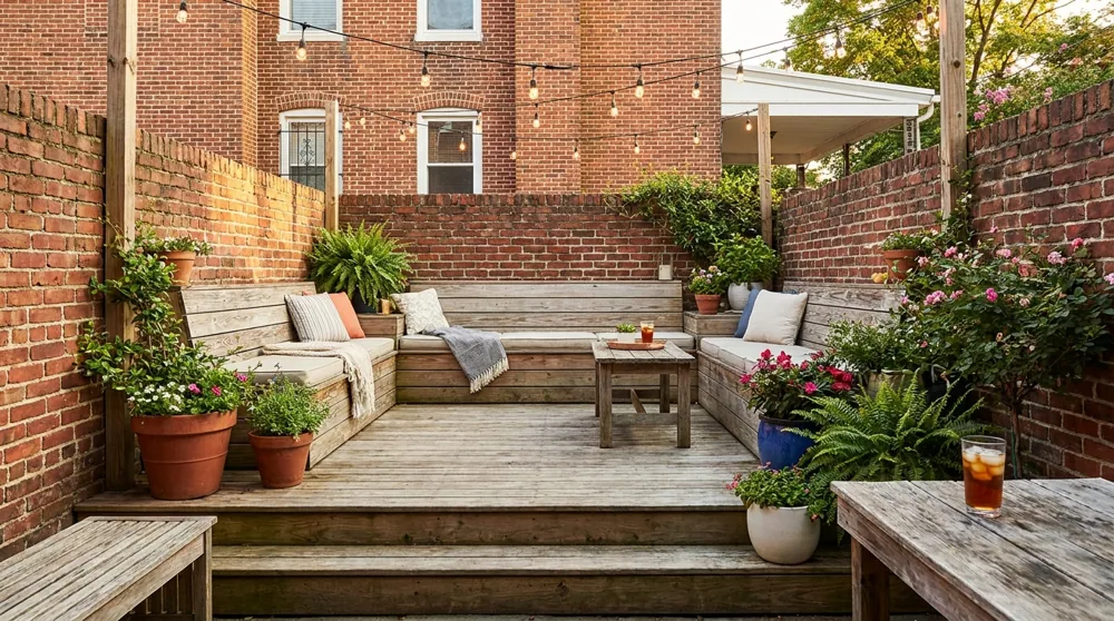 A small Baltimore rowhome backyard deck with built-in bench seating, brick privacy walls, potted plants and string lights
