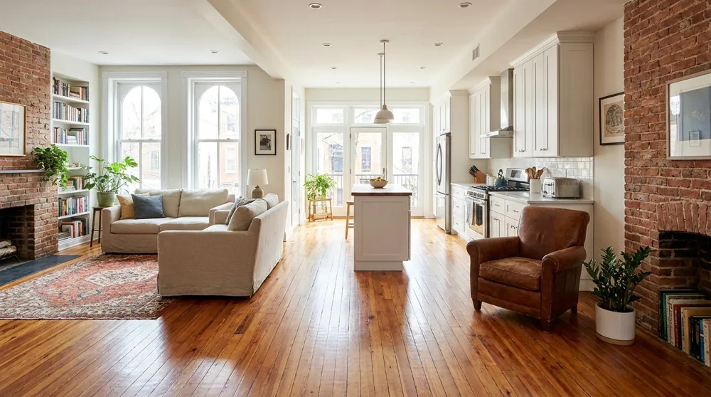 Open-concept main floor of a renovated Baltimore rowhome with the kitchen flowing into a bright living area